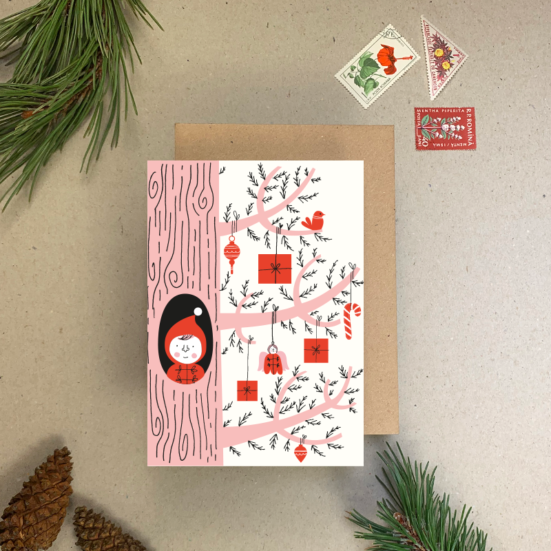 Elf in Gift Tree Christmas Card