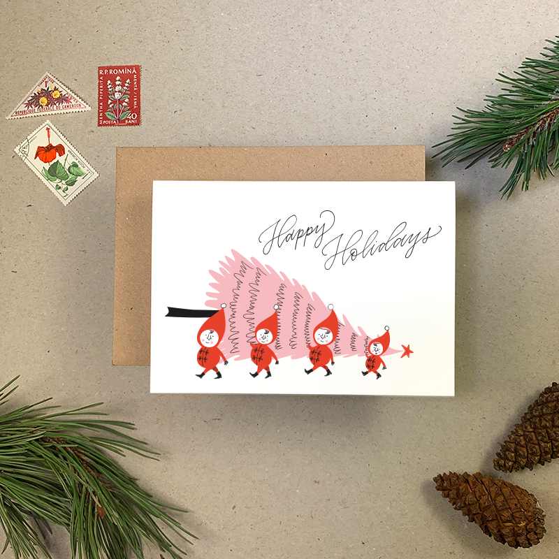 Elves with Tree Christmas Card